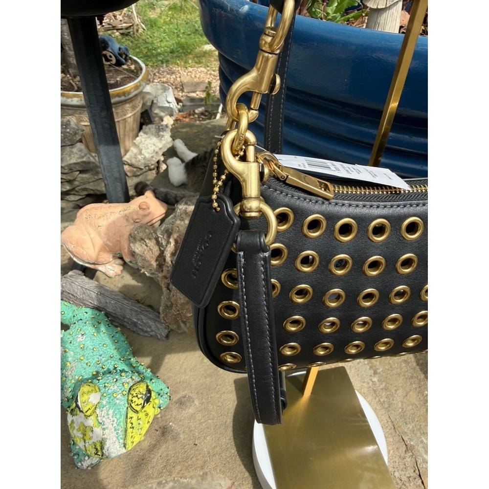 Coach Black Leather Grommet Shoulder Bag Gold Studs CY646 NWT - Picture 4 of 11